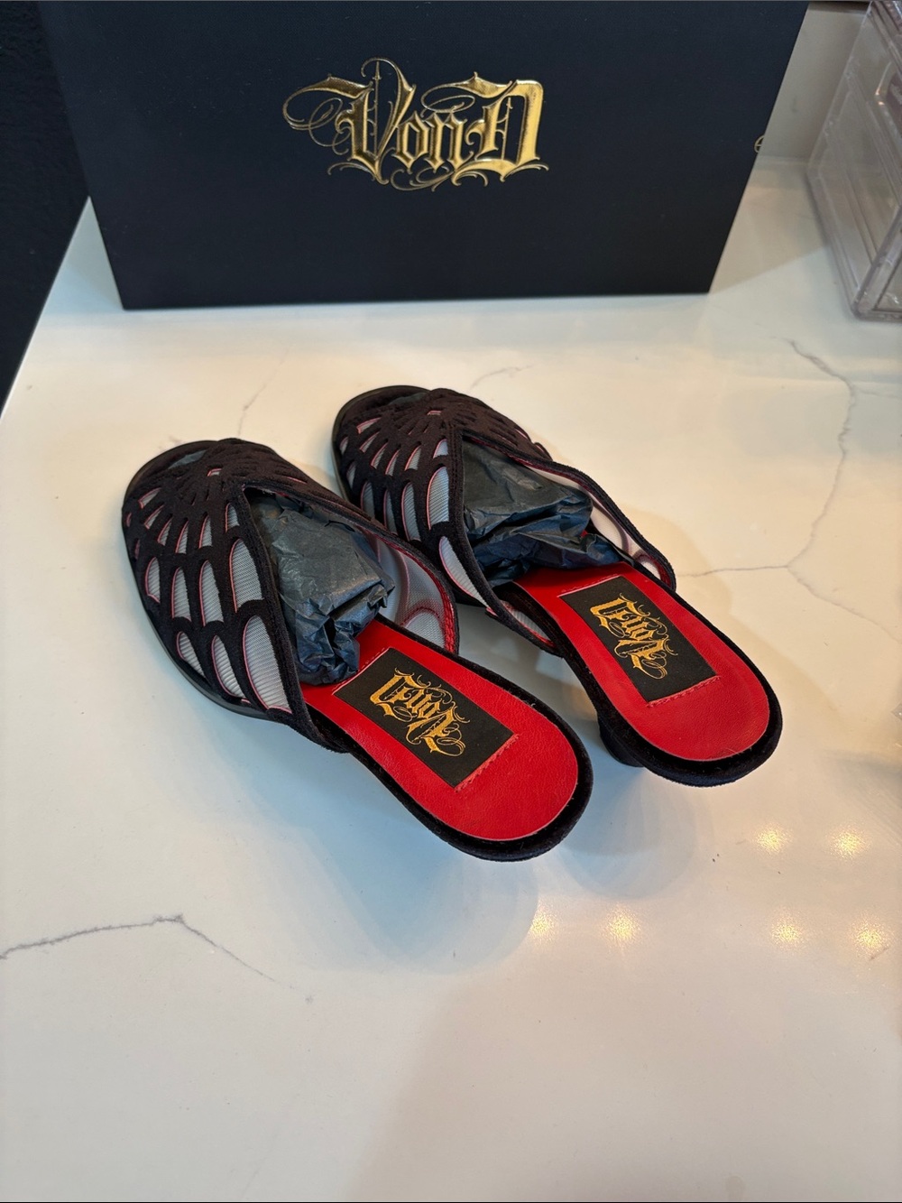 Kat Von D Black Webbed Adele Kitten Heel Slide Mules - Picture 9 of 10